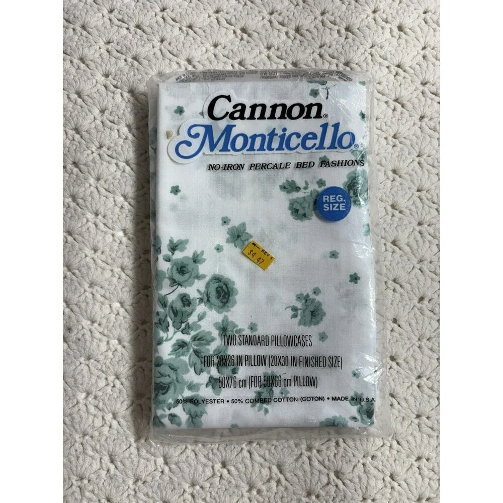 Vintage Cannon Monticello Twin Fitted Sheet 2 Pillowcases White Green Floral USA